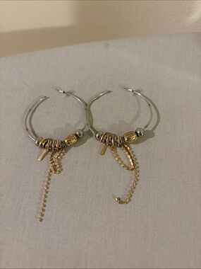 Free People Two-Tone Hoop Earrings with Gold Beads and Chains